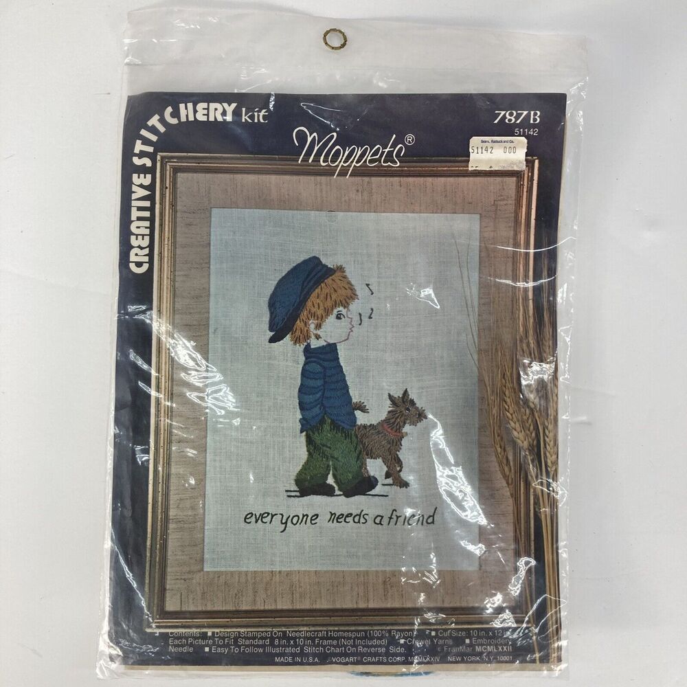 Vintage Vogart Needlepoint Kit Moppets Dog “Everyone Needs a Friend” 1974 Unused